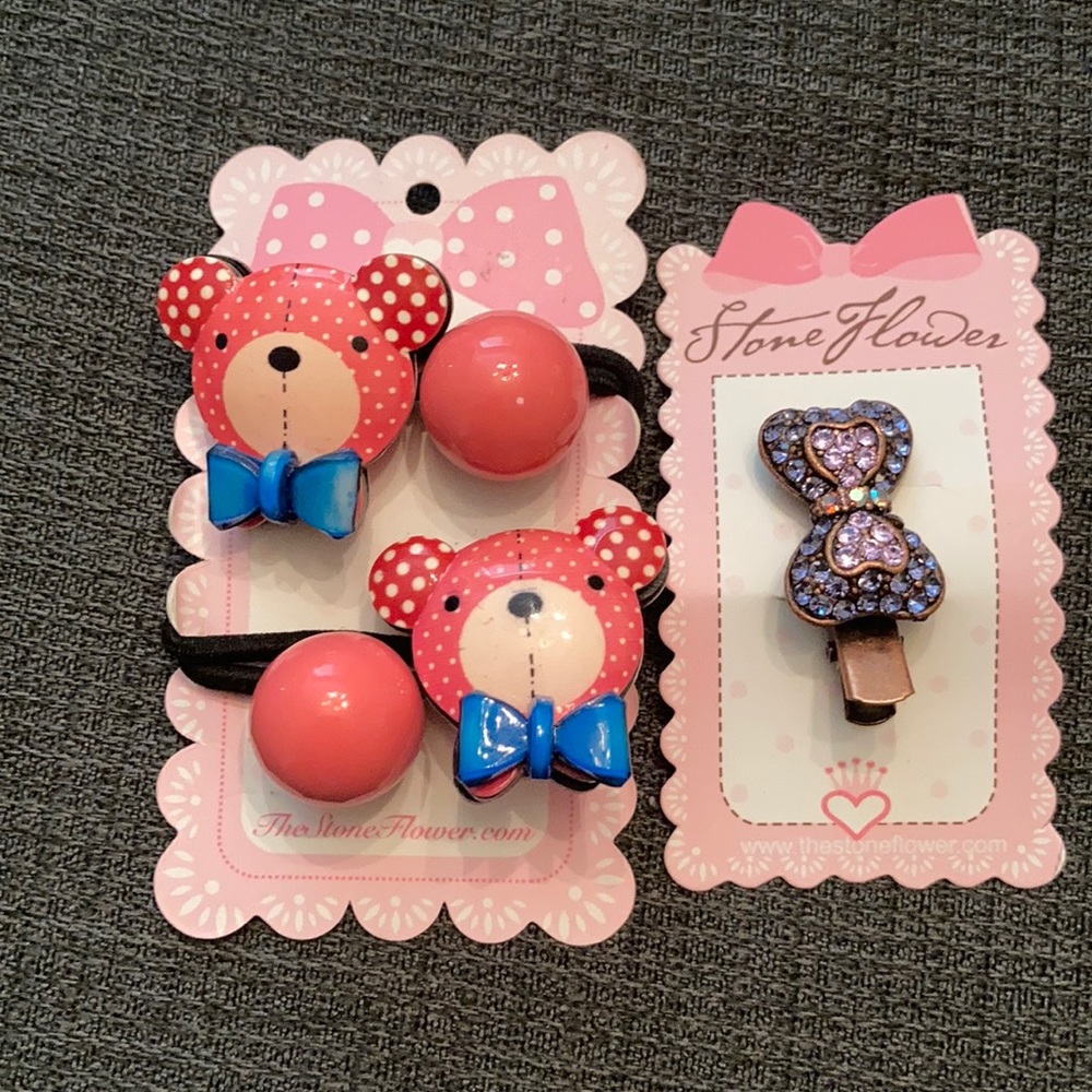 teddy bear hairties + sparkly bow hair clip